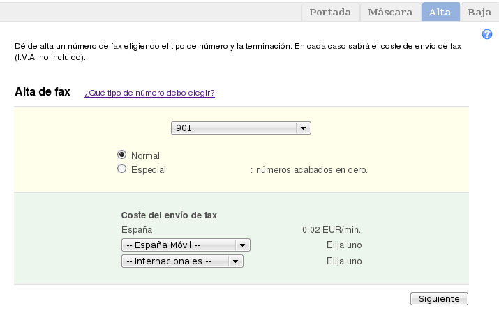 alta del numero de fax